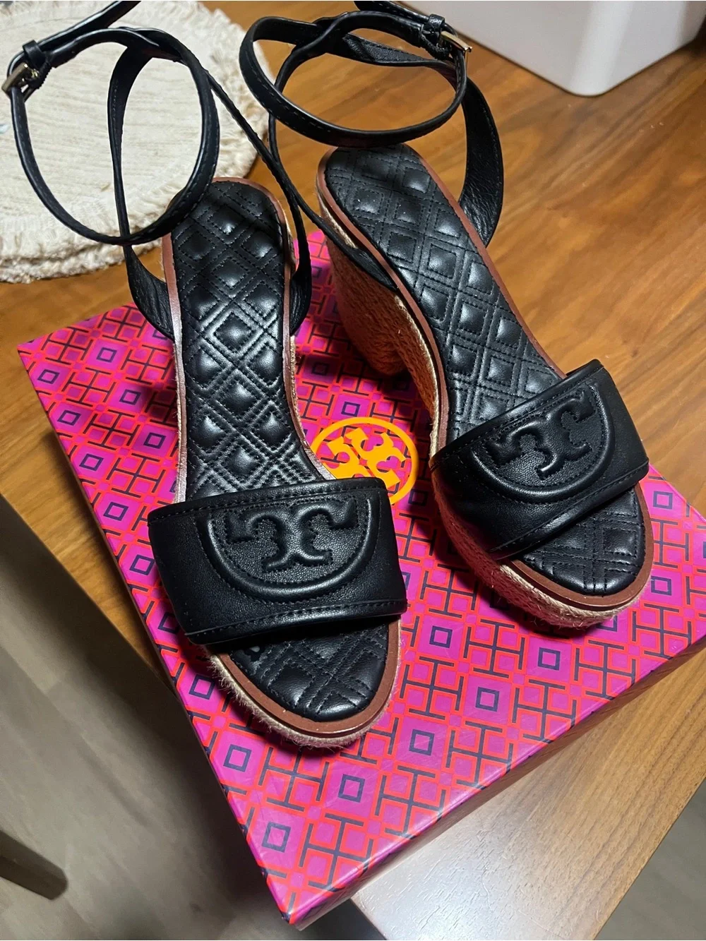 Tory Burch Black Quilted Leather Espadrille Wedge Sandals with Ankle Strap - Picture 4 of 5